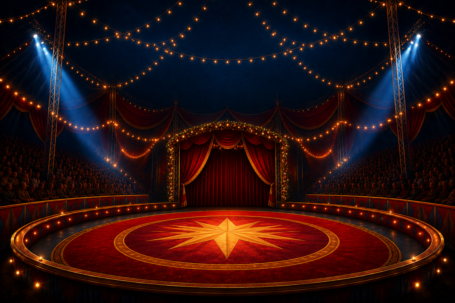 Mega Kerstcircus Haarlem - circustent met gouden lichten en rode piste